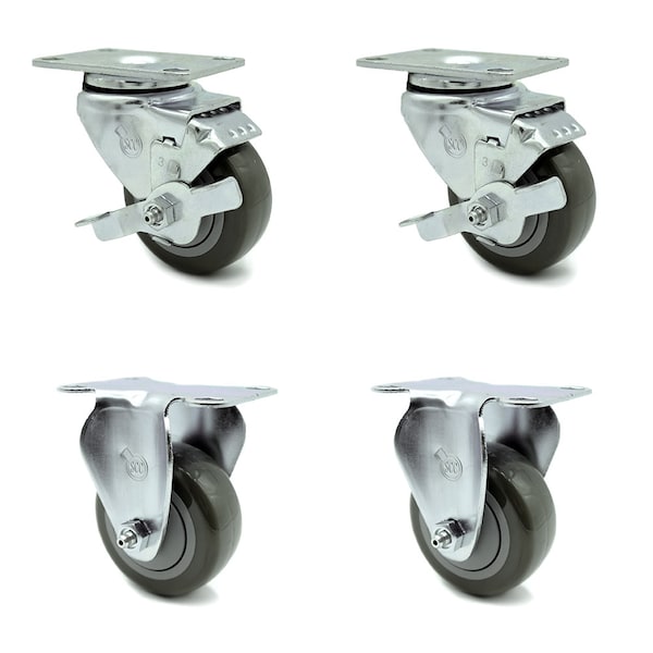 3 Inch Gray Polyurethane Swivel Top Plate Caster Set with 2 Brakes 2 Rigid SCC